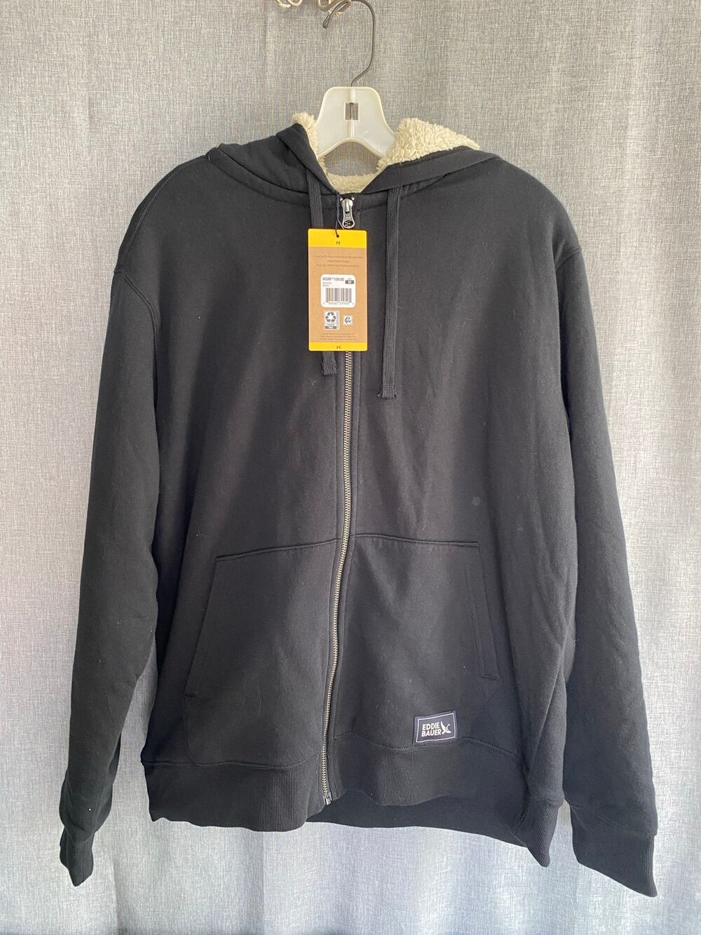 NWT Eddie Bauer Men’s Faux Shearling Lined Full Zip Hoodie Jacket Black M Flaw